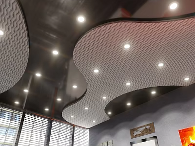 Modern Office Ceiling with Wavy Texture Recessed Lights Windows Blinds and Decorative Art 3d model