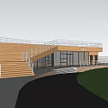 Scenic Rest Pavilion With Wooden Stairs Green Lawn And People Walking