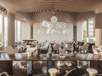 Modern Sales Office Interior With Hanging Spherical Pendant Lights Marble Counter Tables And Natural Light 3d model