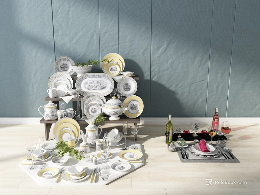 Elegant Porcelain Tableware Set With White Plates Bowls Cups And Gold Accent Designs 3d model 