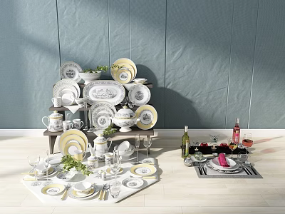 Elegant Porcelain Tableware Set With White Plates Bowls Cups And Gold Accent Designs 3d model