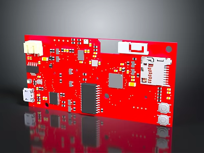 Red Computer Circuit Board With Electronic Components Chips And Slots 3d model