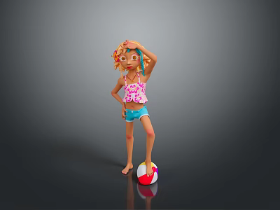 Woman in Pink Top and Blue Shorts Standing on Red White Ball Against Gray Background 3d model