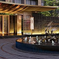 Elegant Entrance Gate With Central Water Fountain Sculpture Decorative Columns Lighting And Greenery
