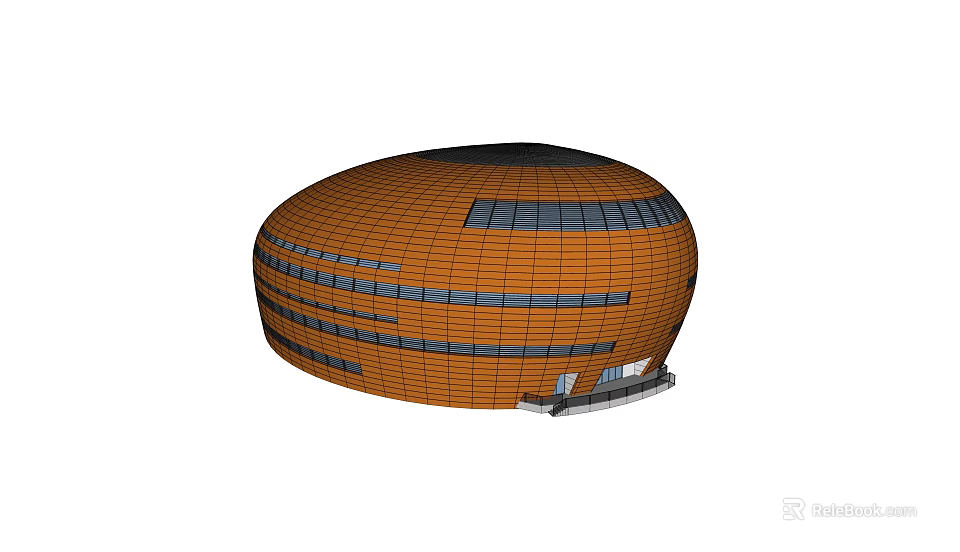 Modern Oval Shaped Stadium With Orange Exterior Horizontal Lines And Dark Roof Entrance 3d model 