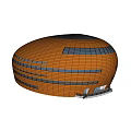 Modern Oval Shaped Stadium With Orange Exterior Horizontal Lines And Dark Roof Entrance