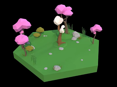 Cartoon Scene With Green Grass Pink Trees White Tree Stones And Small Plants 3d model
