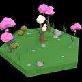 Cartoon Scene With Green Grass Pink Trees White Tree Stones And Small Plants