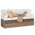 Cozy White Sofa With Beige And White Pillows Striped Dog Toy And Blanket