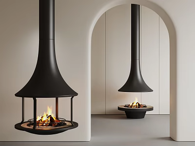 Sleek Black Hanging Fireplace With Flames In Modern Minimalist Interior And Archway 3d model