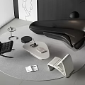 Curved Black Sofa And Triangular Coffee Table Set With Round Gray Rug And Floor Lamp 3d model