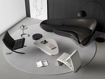 Curved Black Sofa And Triangular Coffee Table Set With Round Gray Rug And Floor Lamp 3d model
