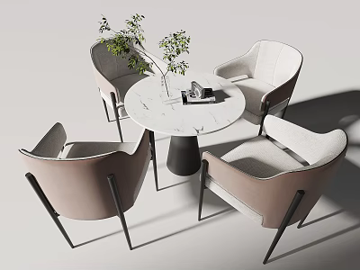 Modern Round Marble Table with Four Upholstered Chairs Metal Legs and Decorative Plant 3d model