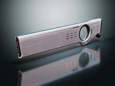 Modern Weapon With Sleek Silver Metal Body Circular Grip And Control Panel 3d model