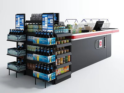 Modern Checkout Counter With Shelves Full Of Bottled Drinks Canned Goods And Cash Register 3d model