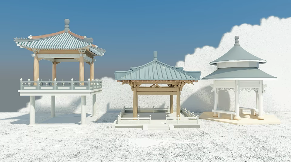 Three Different Styles of Traditional Chinese Pavilions Against Blue Sky and White Clouds 3d model 