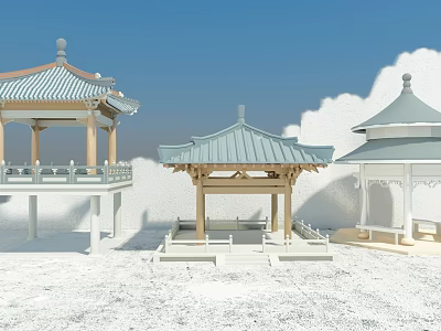 Three Different Styles of Traditional Chinese Pavilions Against Blue Sky and White Clouds 3d model