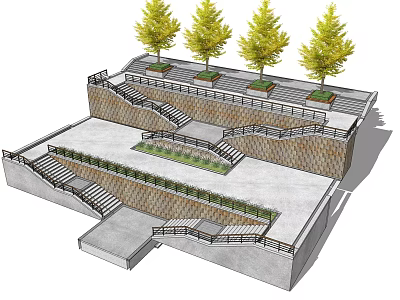 Commercial Landscape Design With Tiered Terraces Stairs Trees And Paved Platforms 3d model