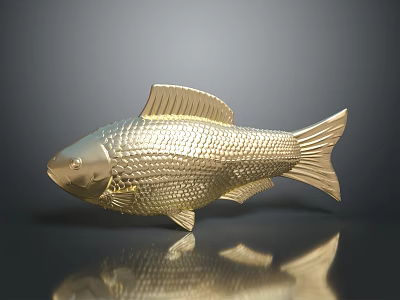Golden Fish Decorative Sculpture With Textured Scales And Shiny Metallic Finish 3d model