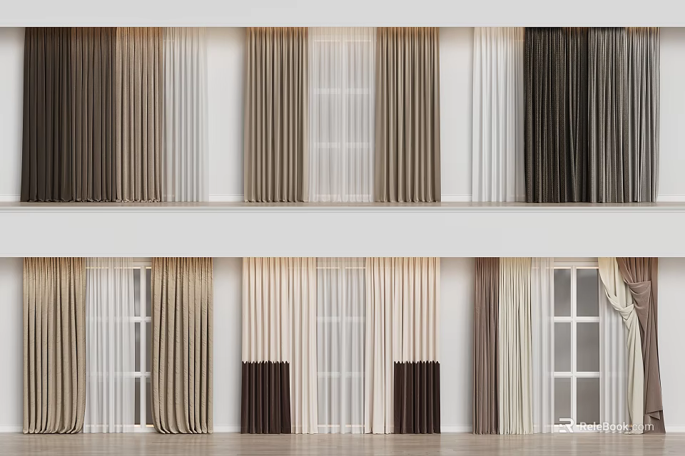 Dark Brown Beige and White Curtains with Double Layer Design for Home Windows 3d model 