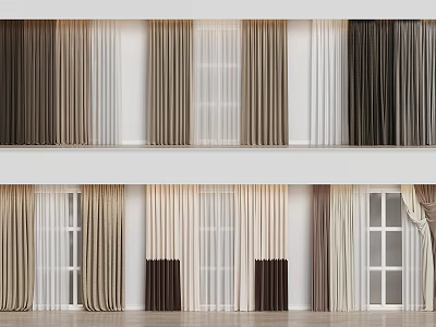 Dark Brown Beige and White Curtains with Double Layer Design for Home Windows 3d model