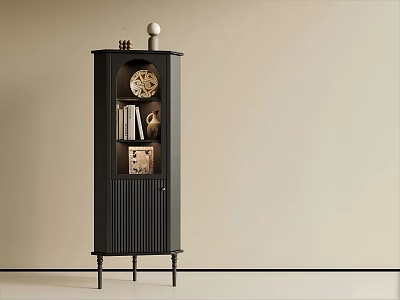 Black Corner Decorative Cabinet With Glass Door Ribbed Design Holding Books Clock And Ornaments 3d model