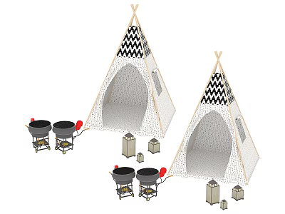 Two Black And White Checkered Teepee Play Tents With Round Play Elements And Small Seats 3d model