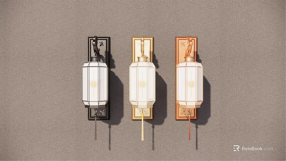 Three Traditional Chinese Style Wall Lamps With Decorative Base And White Lampshade 3d model 