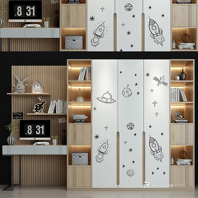 White Wardrobe With Space Themed Patterns Rocket Stars Planets And Wooden Shelves 3d model 