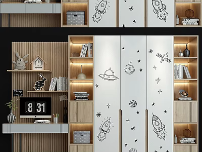White Wardrobe With Space Themed Patterns Rocket Stars Planets And Wooden Shelves 3d model