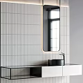 Modern Bathroom Washbasin Vanity With Black Basin Rectangular Mirror And Striped Tile Wall