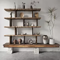 Natural Wood Multi Tiered Storage Shelf With Decorative Pottery And Potted Plant