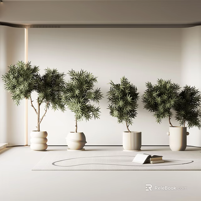 Four Different Bonsai Potted Plants in White Ceramic Pots with Book for Modern Interior 3d model 