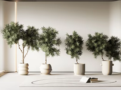 Four Different Bonsai Potted Plants in White Ceramic Pots with Book for Modern Interior 3d model