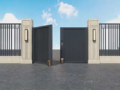 Black Metal Gates With Beige Pillars Wall Lamps And Black Fences Under Blue Sky 3d model