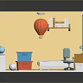 Cartoon Room Interior With Yellow Walls Blue Curtains Bed Desk Chair And Red Balloon