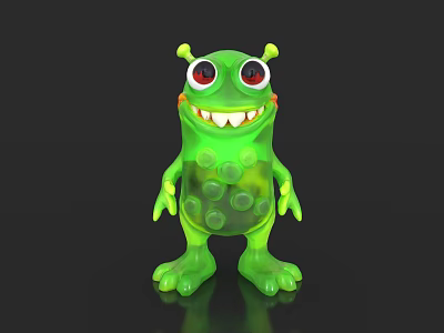 Cute Green Monster Character With Big Red Eyes Yellow Antennas And Spotted Body 3d model