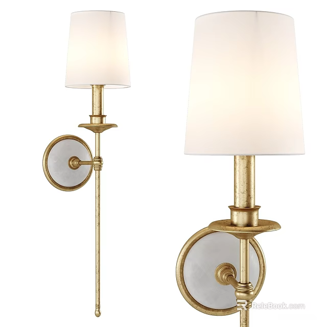 Elegant Golden Metal Wall Lamps With White Lampshades And Circular Decorative Elements 3d model 