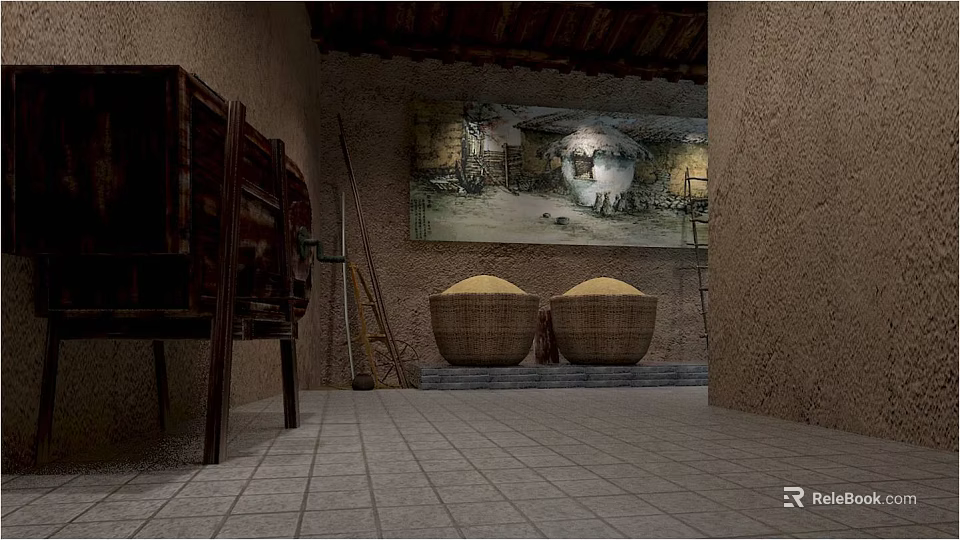 Traditional Rural Interior Featuring Grain Filled Baskets Old Wooden Tool And Wall Art 3d model 