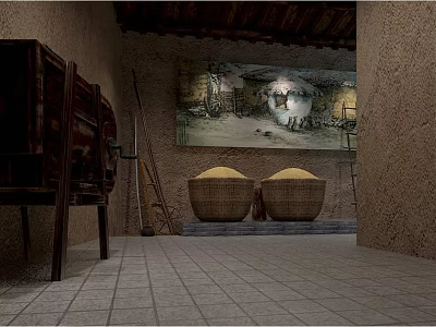 Traditional Rural Interior Featuring Grain Filled Baskets Old Wooden Tool And Wall Art 3d model