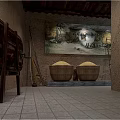 Traditional Rural Interior Featuring Grain Filled Baskets Old Wooden Tool And Wall Art
