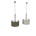 Two Modern Pendant Lights With Dark And White Linen Shades And Wooden Rods