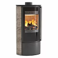 Three Black Fireplaces With Glass Doors Burning Flame And Chimney Design