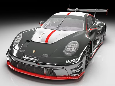 Black White Red Striped Porsche Racing Car With Mobil1 Livery Large Rear Wing Sporty Design 3d model