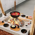 Traditional Hotpot Restaurant With Brick Stove Wooden Frame Log Stools Ingredients Shelf And Industrial Windows