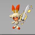 Cute White Rabbit Character With Red Ears Open Mouth Holding Flaming Sword And Fire Effects