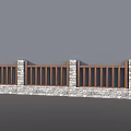 Building Exterior Wall Design With Wooden Railings And Patterned Stone Base Columns 3d model