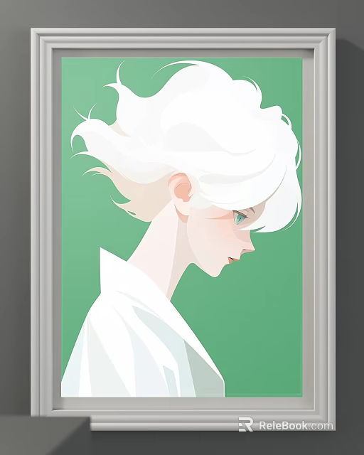 Elegant Framed Portrait Painting of Woman with White Hair Profile View and Green Background 3d model 