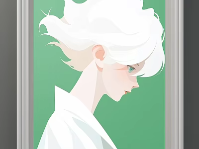 Elegant Framed Portrait Painting of Woman with White Hair Profile View and Green Background 3d model