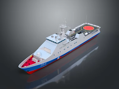 3D Rendered Warship With Red White Blue Color And Helicopter Deck 3d model